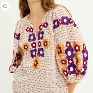 NWT Antik Batik Cream Blouse with Purple and Mustard Floral Embroidery